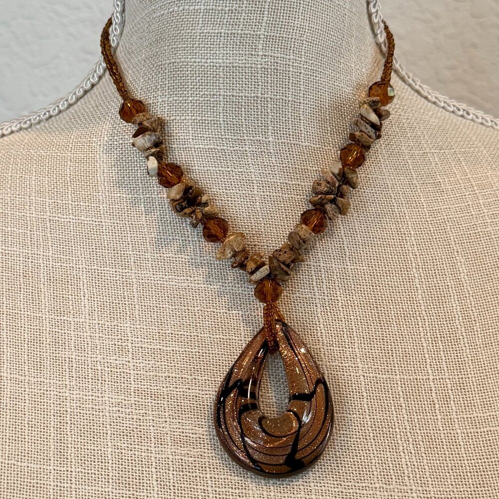Dichroic Glass Pendant and Jasper Stone Necklace